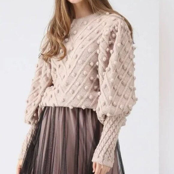 [M]Chicwish Blush Pink Pom Batwing LS Wool Blend Sweater Crew neck - Picture 2 of 13